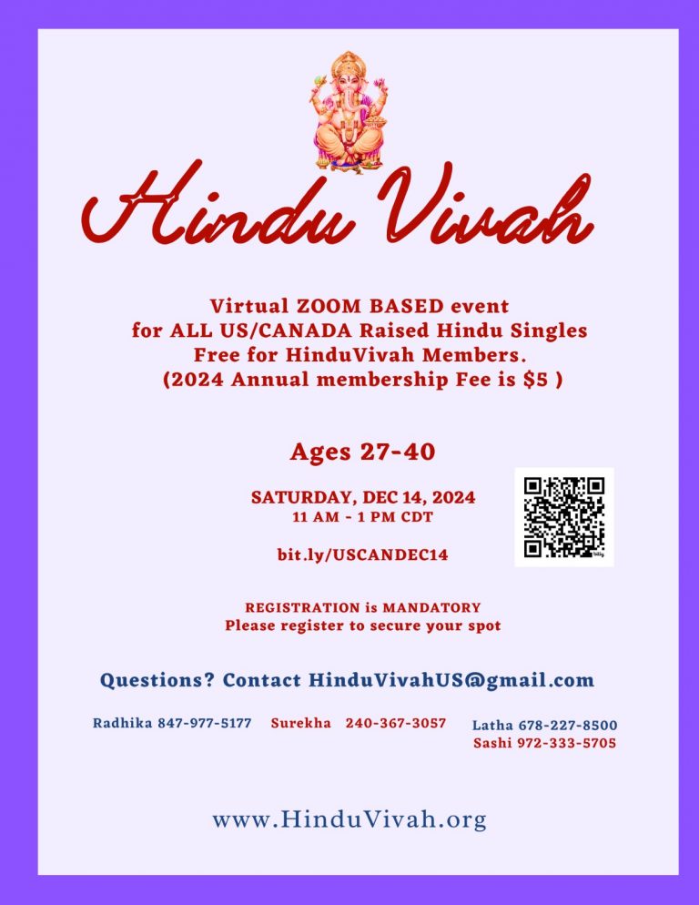 Virtual ZOOM BASED event for ALL US/CANADA Raised Hindu Singles Free for Hindu Vivah Members 2024