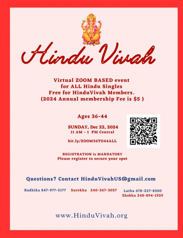 Virtual ZOOM BASED event for ALL Hindu Singles Free for Hindu Vivah Members. on Dec 22, 2024