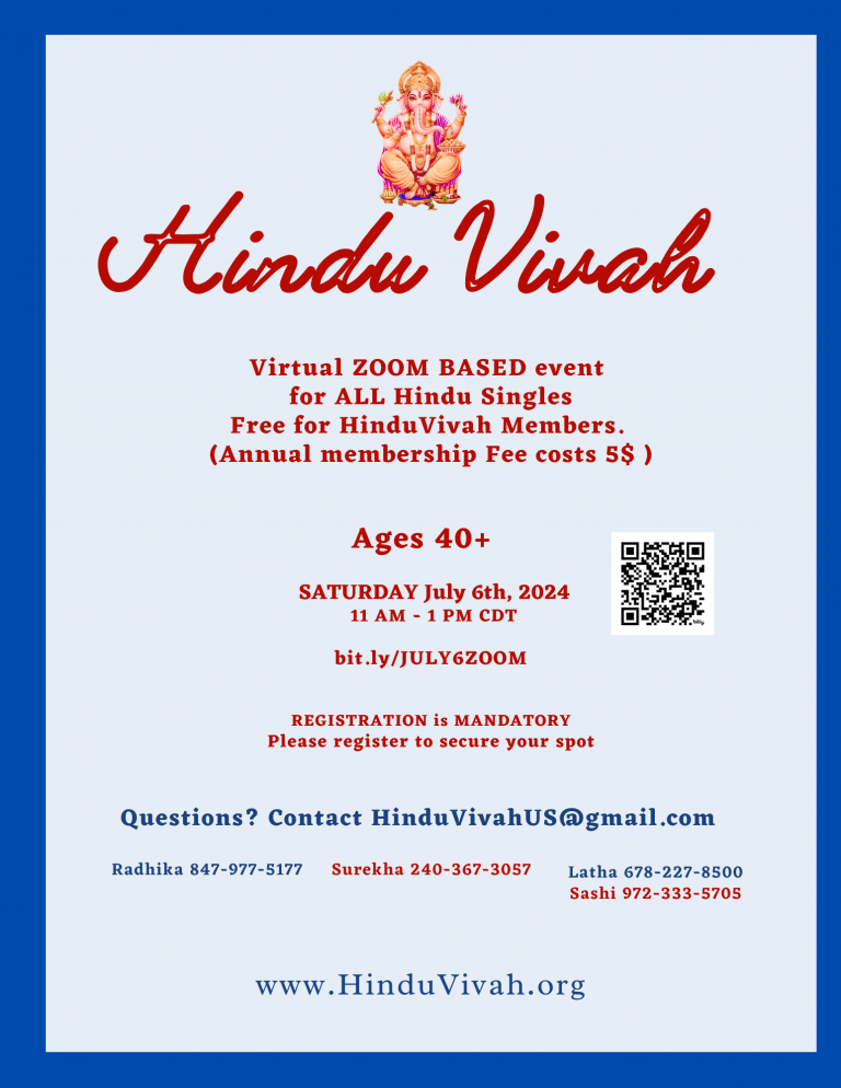 Virtual ZOOM BASED event for ALL Hindu Singles on Jul 6, 2024