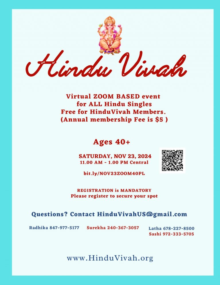 Virtual ZOOM BASED event for ALL Hindu Singles Free for Hindu Vivah Members on Nov 23,2024