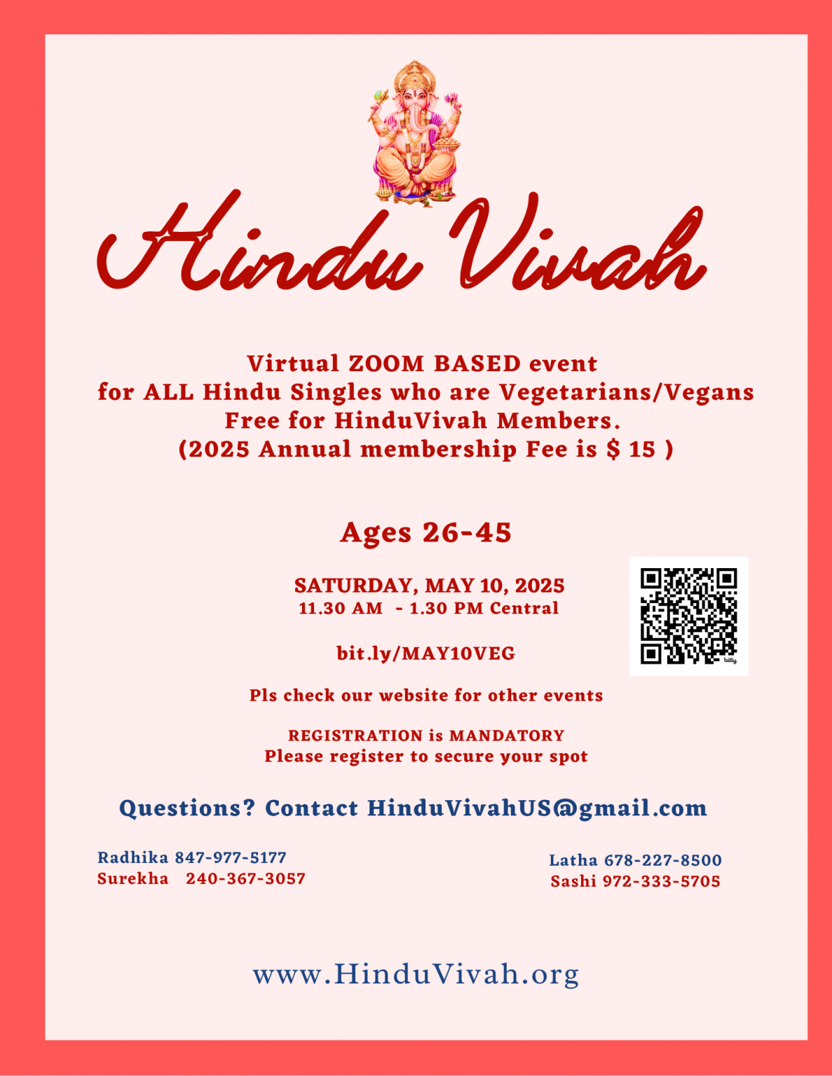 Zoom Event for all Hindu Singles who are Vegetarians/Vegans, Ages 26-45, 11.30AM -1.30PM Central on May 10th, 2025