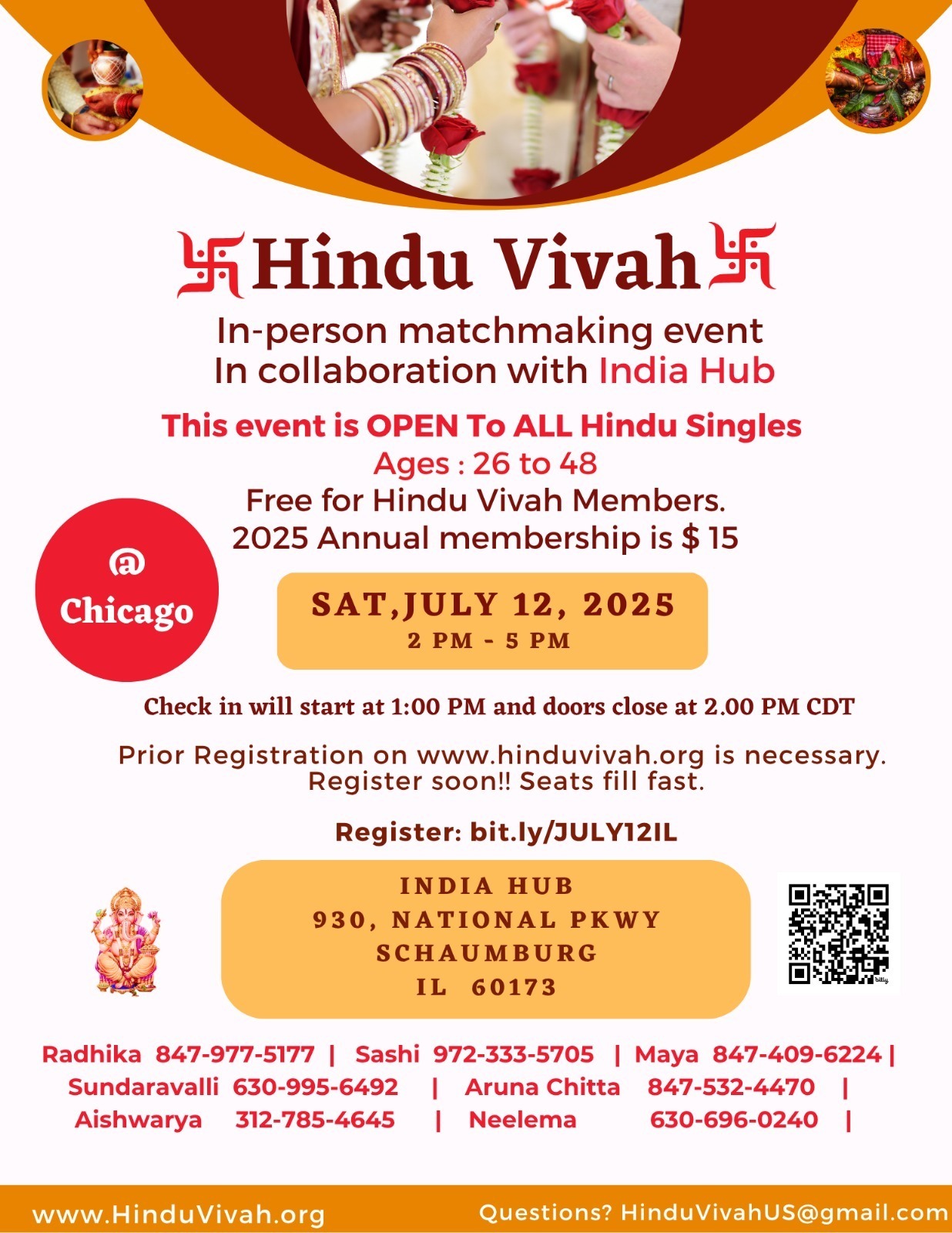 In-person Event for all Hindu Singles, Ages 26-48, 2 PM – 5 PM, Schaumburg, IL