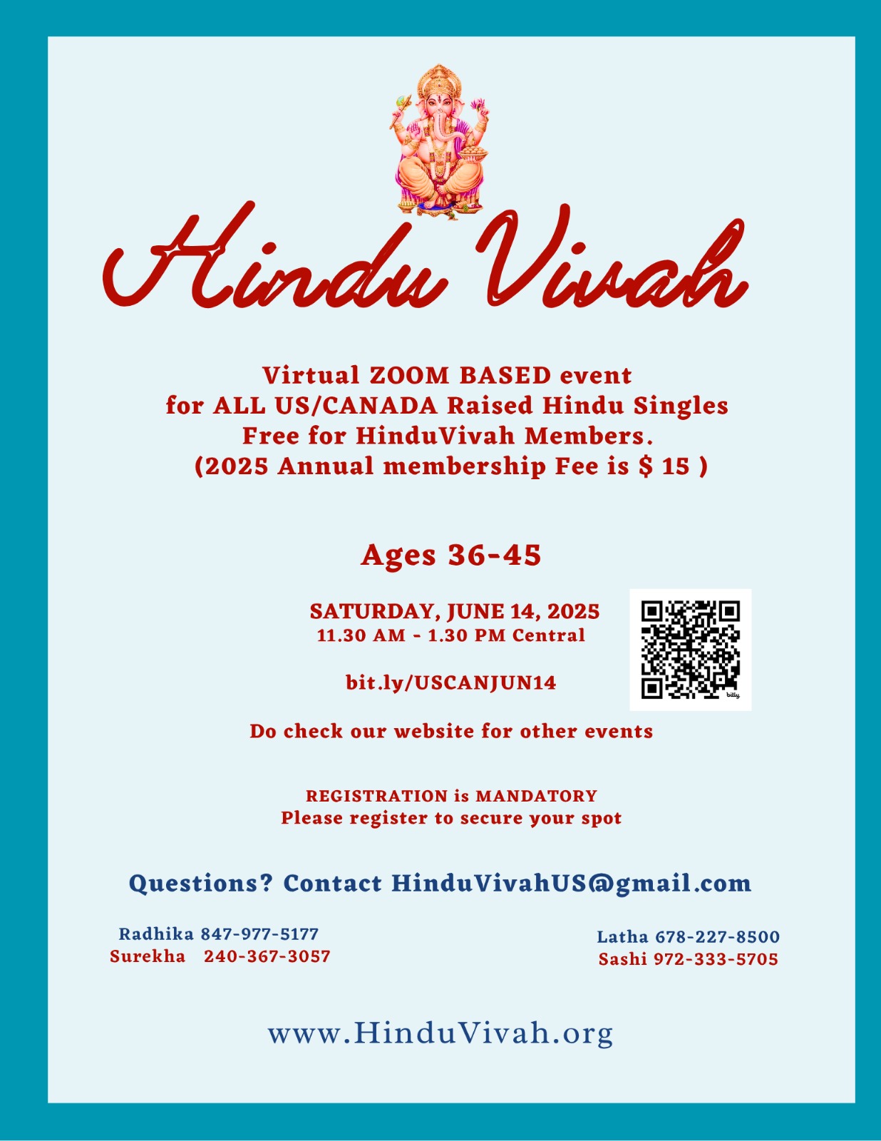 Zoom event for All US/Canada-raised Hindu singles, ages 36–45, 11:30 AM – 1:30 PM Central Time