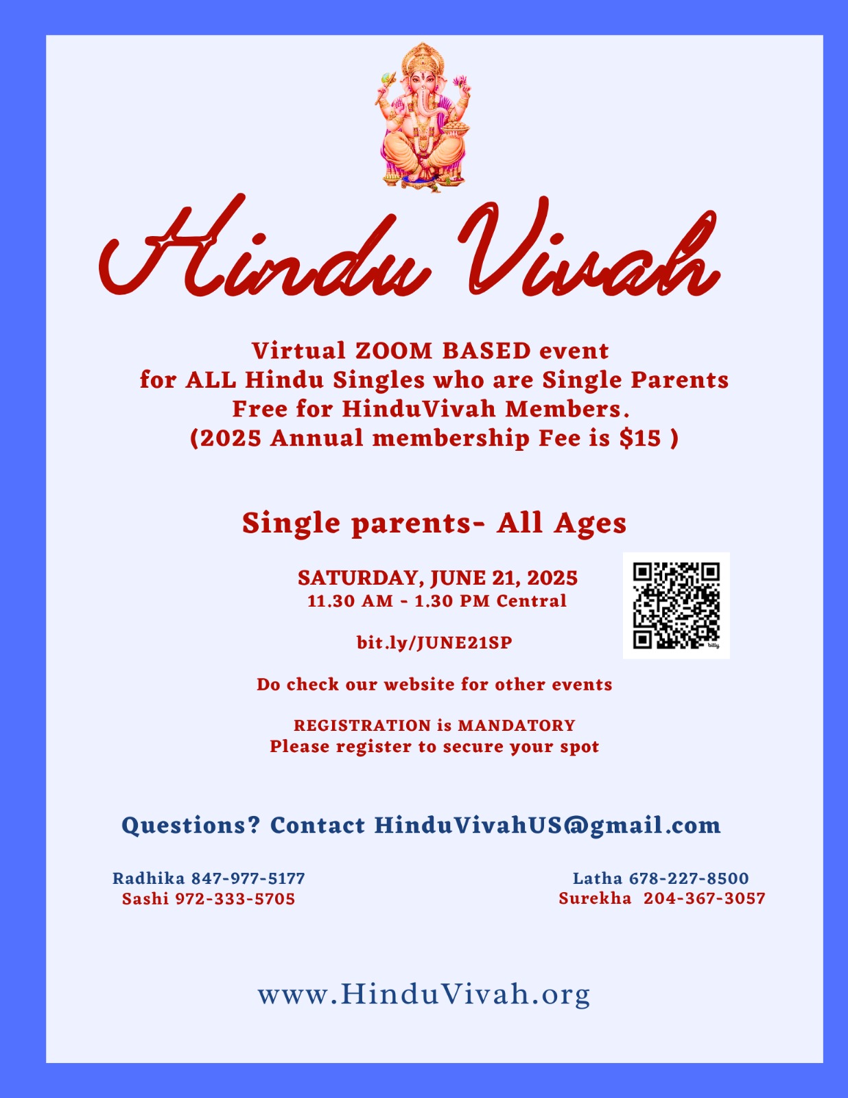 Zoom Event for All Hindu Singles who are Single Parents, All Ages, 11:30 AM – 1:30 PM Central