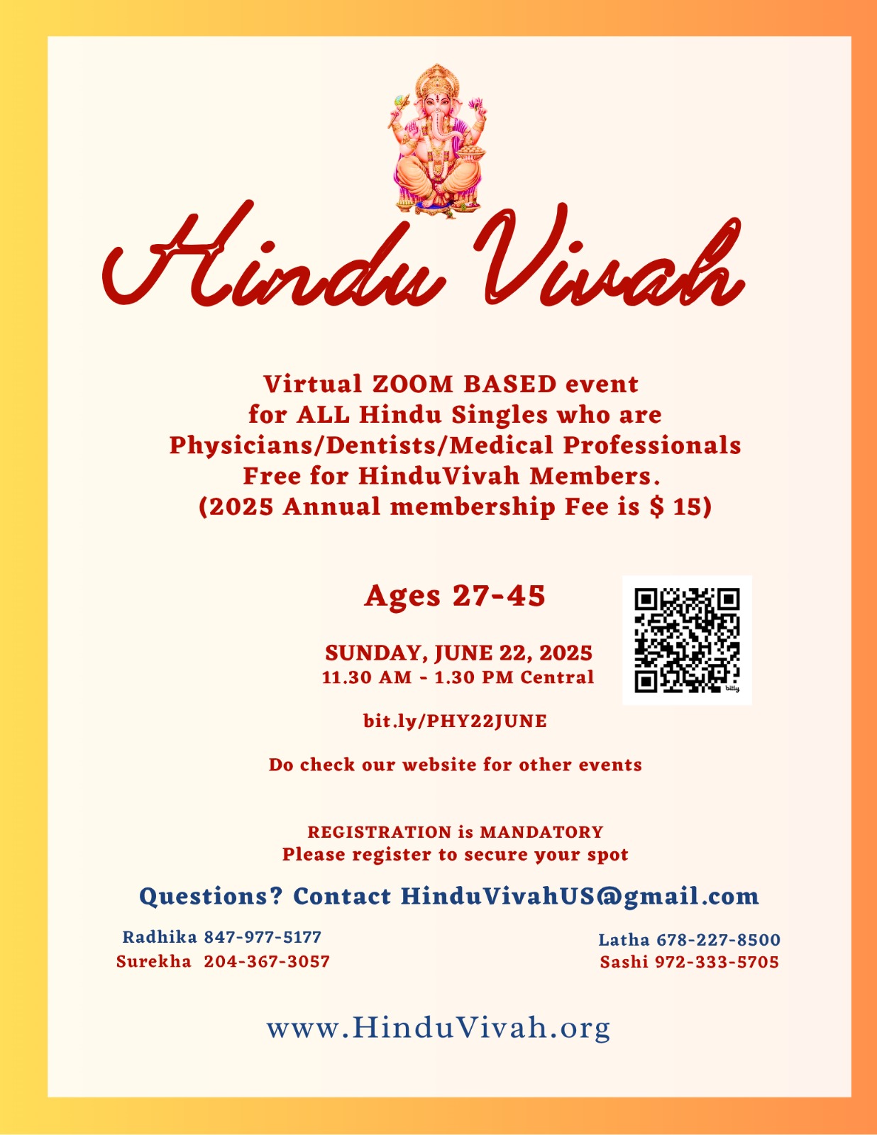 Zoom Event for All Hindu Singles who are Physicians/Dentists/Medical Professionals, Ages 27–45, 11:30 AM – 1:30 PM Central