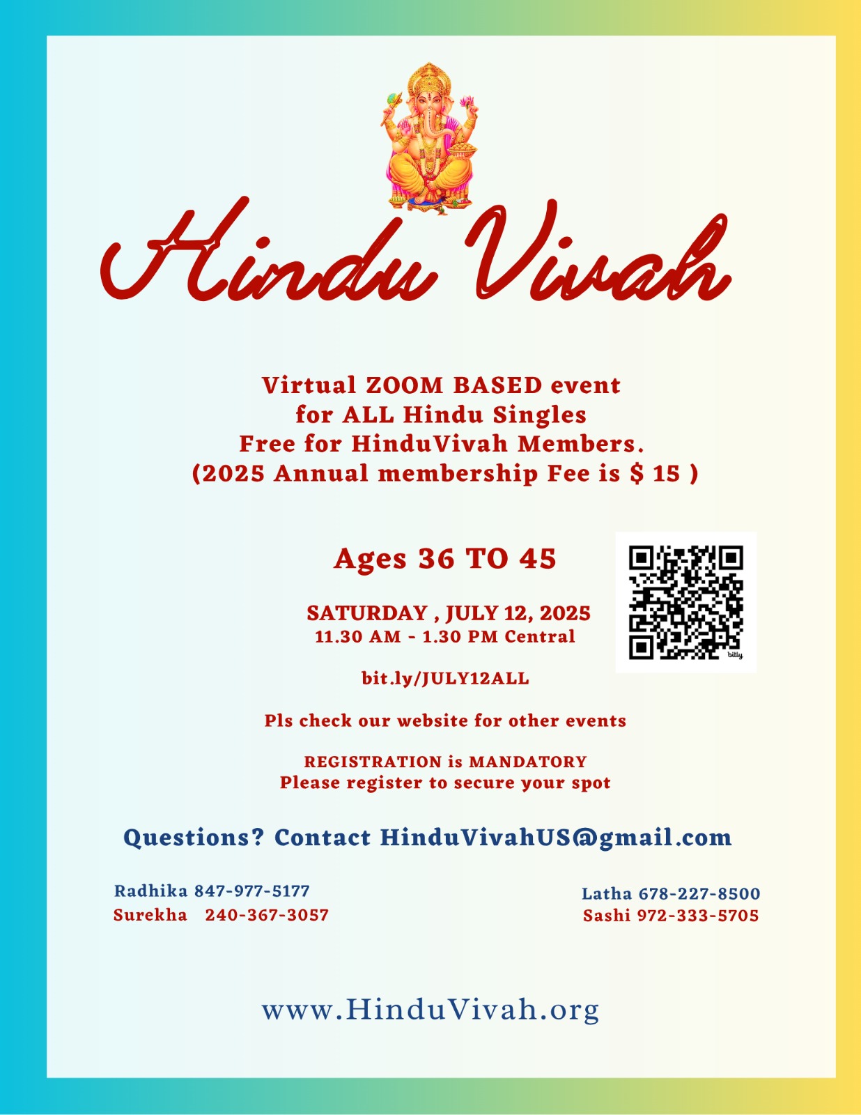 Zoom Event for All Hindu Singles, Ages 36–45, 11:30 AM – 1:30 PM Central