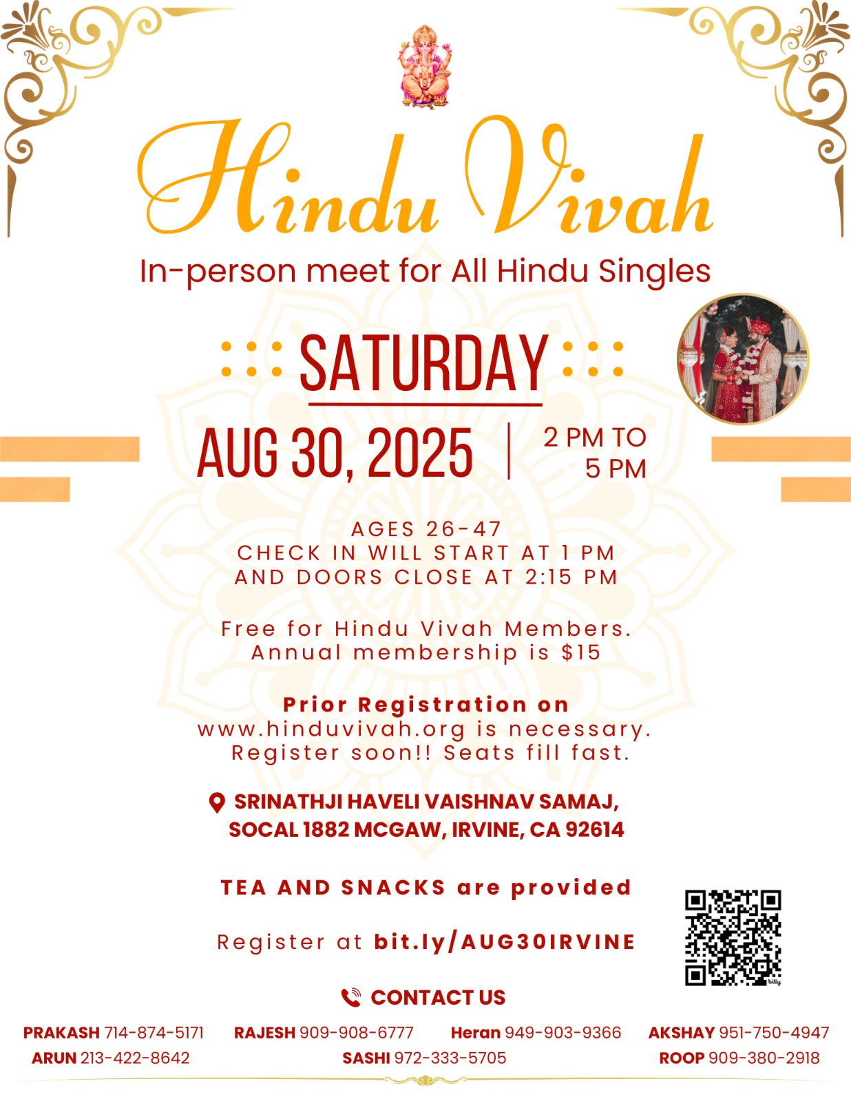 CALIFORNIA, In-person meet for All Hindu Singles, 30th August 2025