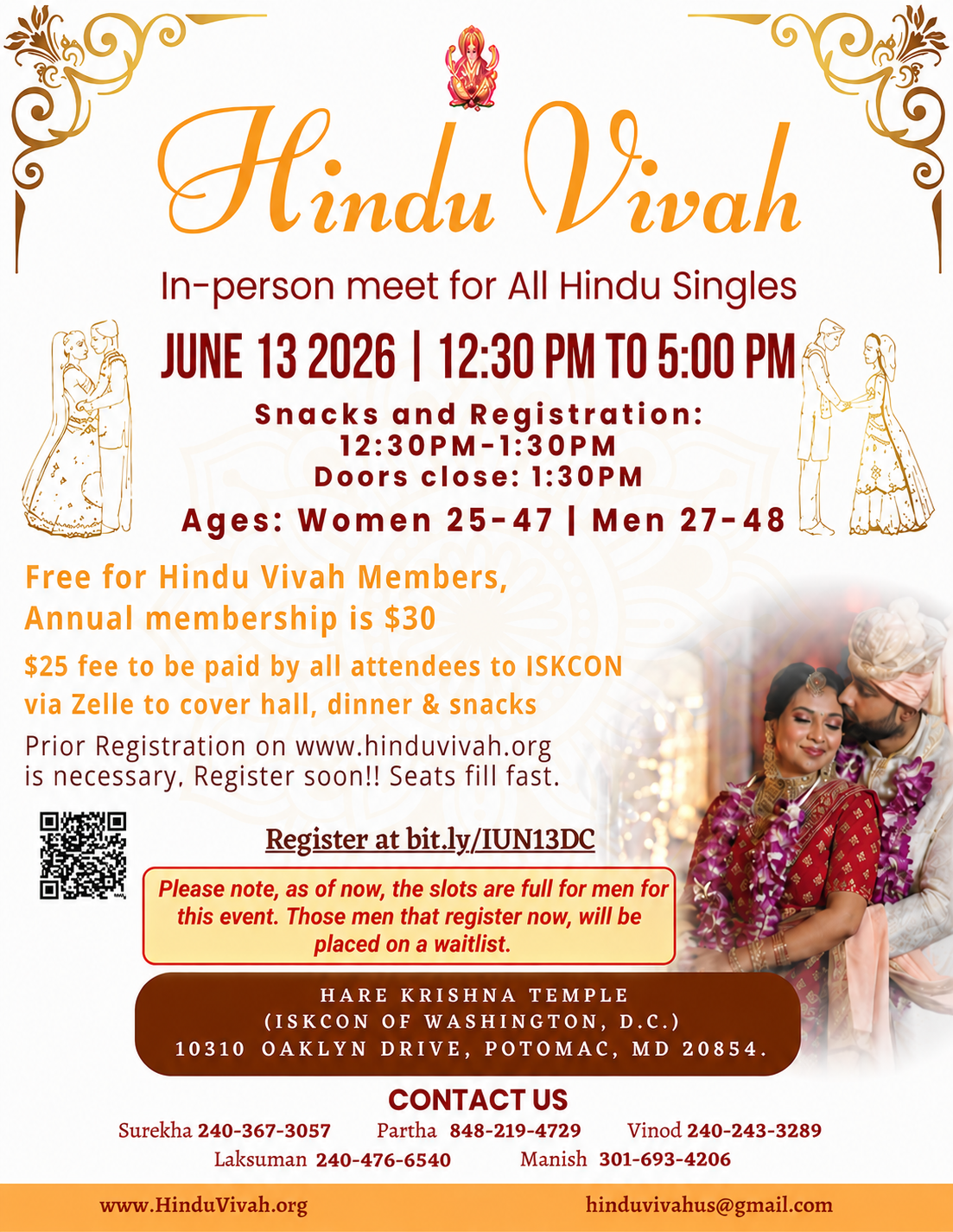June 13 – In-Person Event ISKCON Temple, DC | Ages 26 – 48 | 12:30 PM – 5 PM EDT