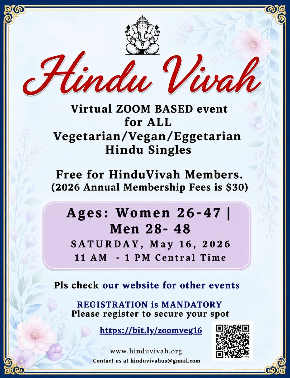 May 16- Zoom Event | Vegetarians/ Vegans/ Eggetarians, Ages: Women 26-47 | Men 28- 48 | 11:00 AM – 1:00 PM Central Time