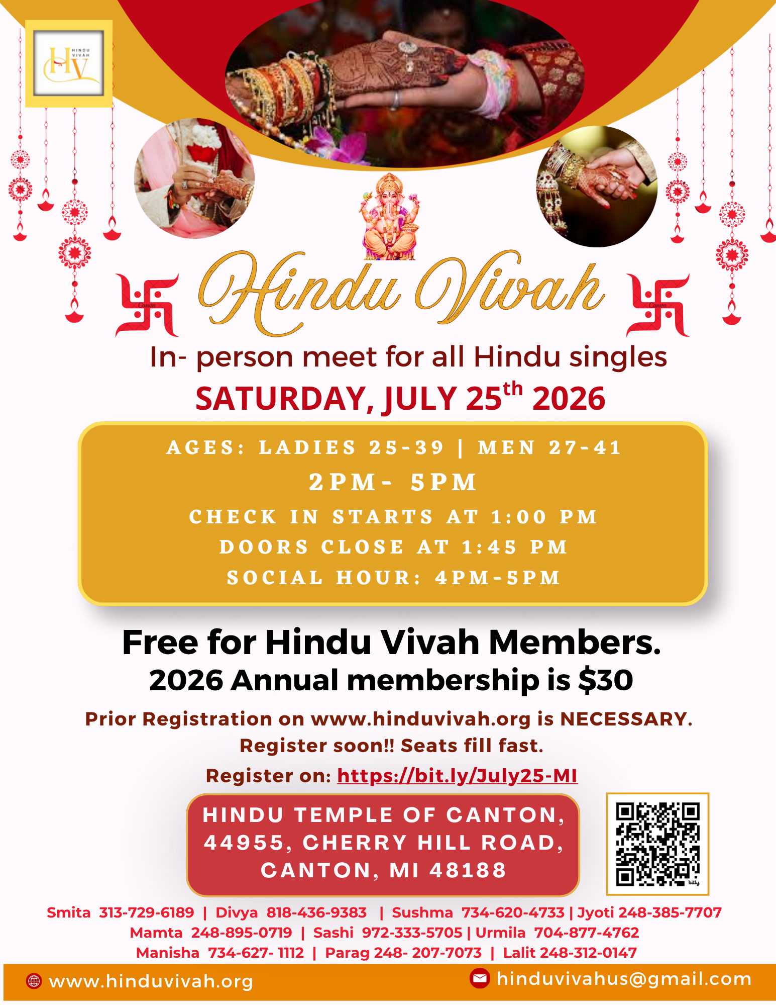 July 25 – In-Person Event Hindu Temple of Canton, MI | Ages- Ladies: 25- 39 | Men: 27- 41 | 1 PM– 5 PM EDT