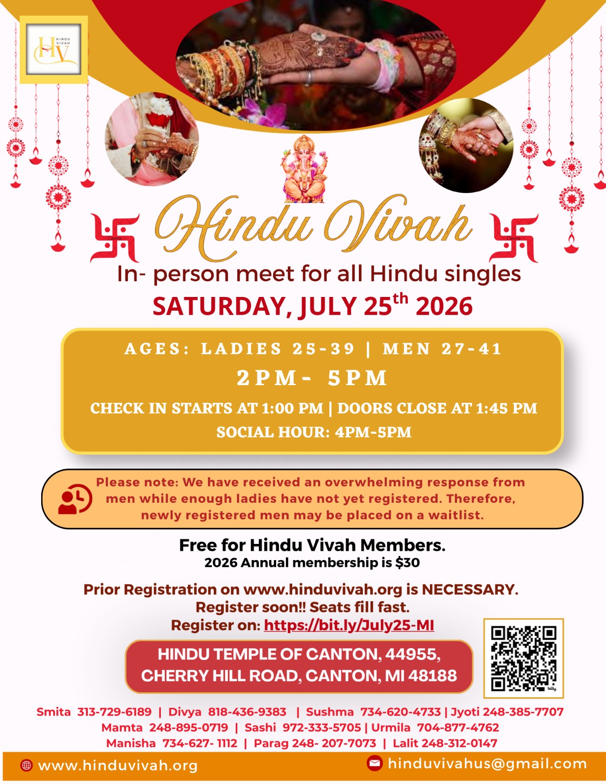 July 25 – In-Person Event Hindu Temple of Canton, MI | Ages- Ladies: 25- 39 | Men: 27- 41 | 1 PM– 5 PM EDT