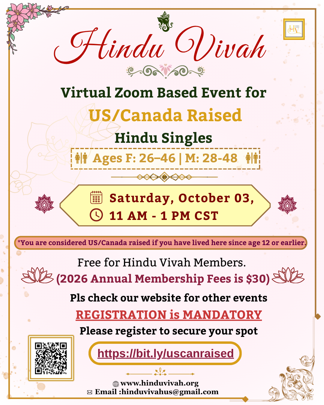 October 03, Zoom Event | All US/Canada Raised, Ages Female: 26-46 | Male: 28-48 | 11:00 AM – 1:00 PM Central Time